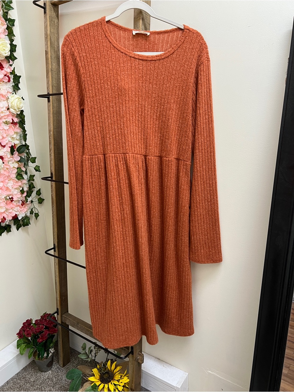 Beeson River Ribbed Long-Sleeve Dress in Rust Orange